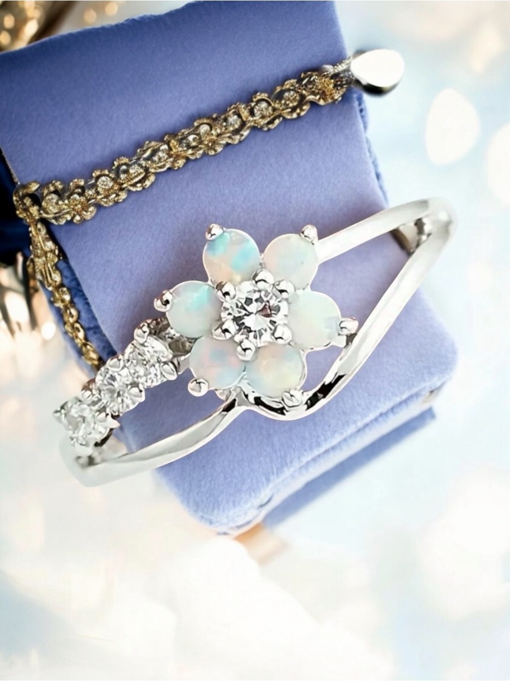 S925 Sterling Silver Opal and CZ Gemstones Flower Ring. New.